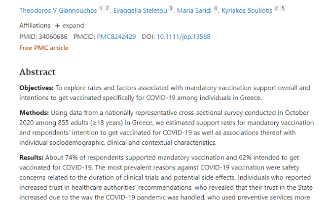 Mandatory vaccination support and intentions to get vaccinated for COVID-19: Results from a nationally representative general population survey in October 2020 in Greece