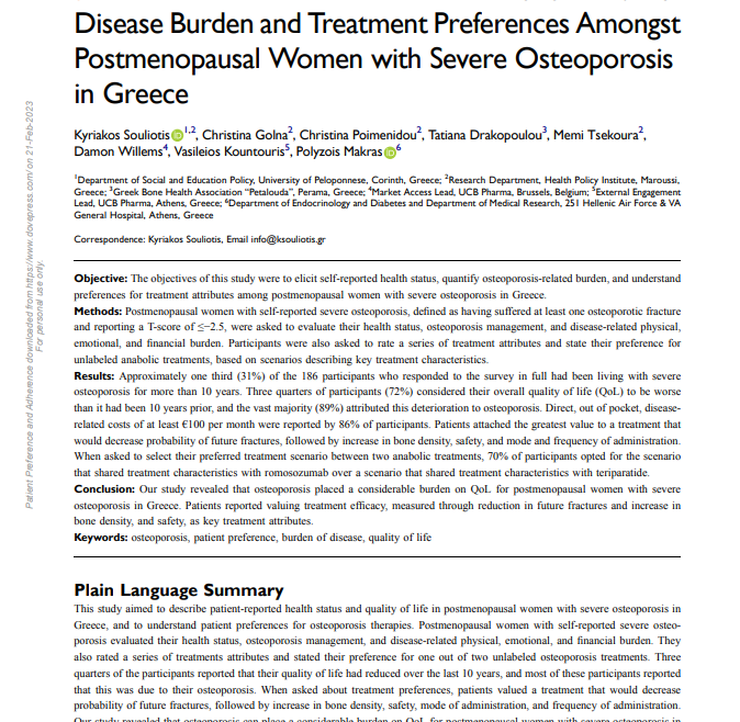 Disease Burden and Treatment Preferences Amongst Postmenopausal Women with Severe Osteoporosis in Greece