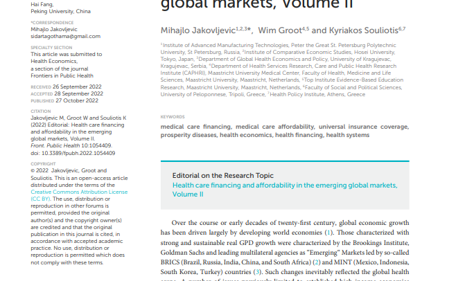 Editorial: Health care financing and affordability in the emerging global markets, Volume II